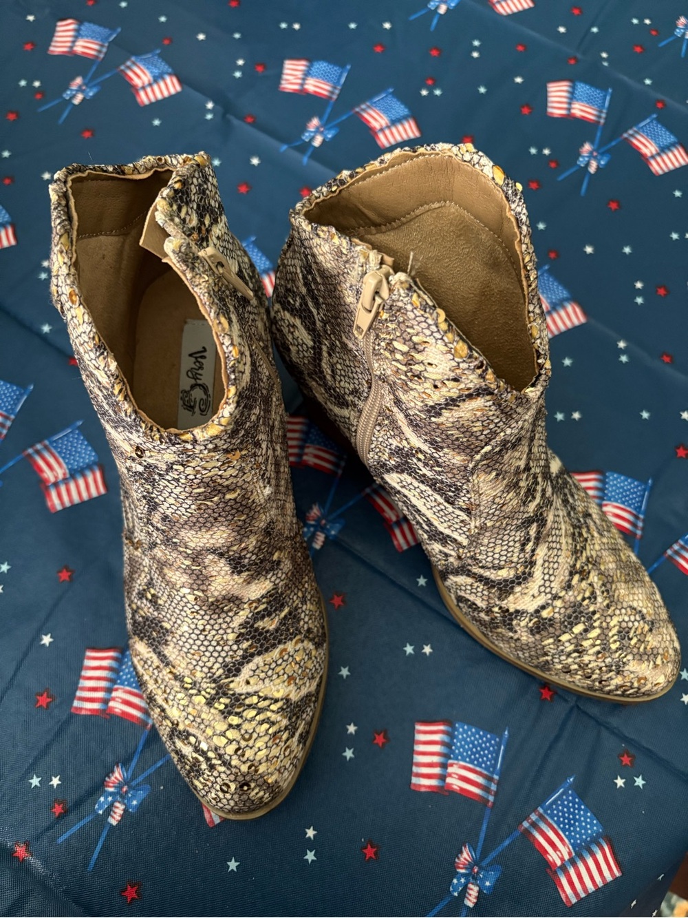 Very G Snake-Print Ankle Booties in Brown and Tan